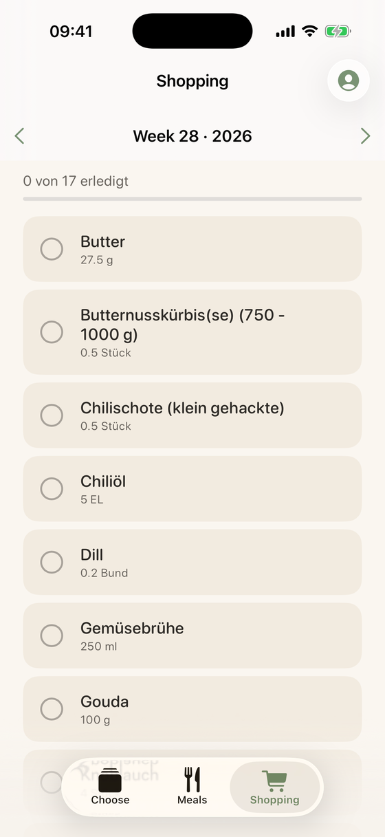 MealMatch – konsolidierte Einkaufsliste